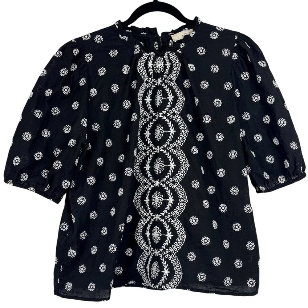 LOFT Black‎ Embroidered Puff Sleeve Top Women's Size Large Boho Cottagecore
